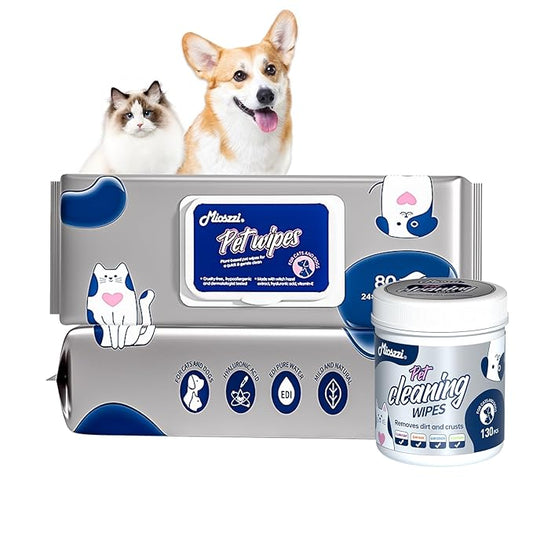 MIOSSZI 290 Pcs Pet Cleaning Deodorizing Wipes Kit for Dogs & Cats Daily Cleaning Paws, Face Tear Stain & Full Body & Sensitive Skin, Gentle & Unscented, Hypoallergenic Ingredients Pet Grooming Wipes
