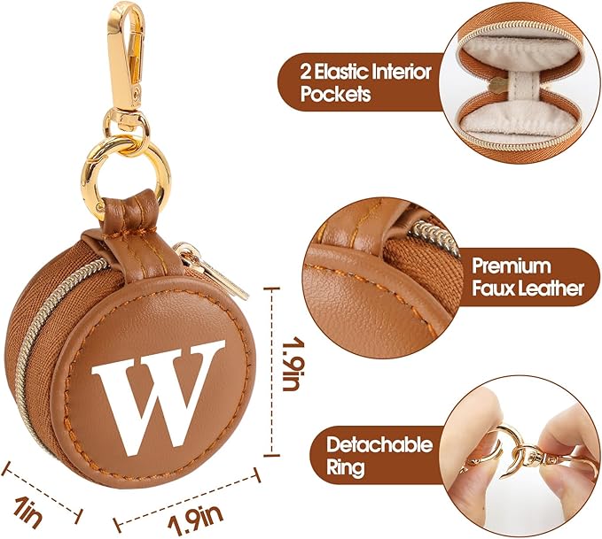 Mini Initial Travel Jewelry Case Ring Holder, Brown Faux Leather Small Jewelry Organizer Box Gifts for Women Girls Nurse Teacher, Gym Travel Accessories Keychain Pouch for Earrings Rings Necklace W