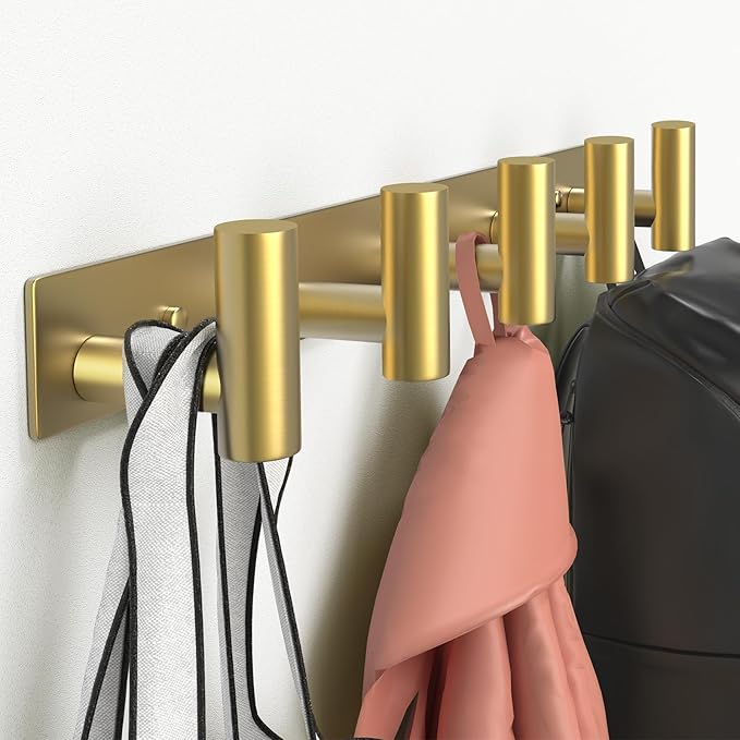 VINHOLD Wall Mounted Coat Rack-5 Hooks, Heavy Duty Stainless Steel Wall Hooks for Towel Coat Bag, Hat Rack Coat Hanger Coat Hooks Towel Racks for Bathroom Entryway Kitchen Hotel Office (Gold, 1 Pack)