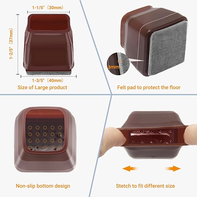 36Pcs Brown Square Chair Leg Floor Protectors, High Elastic Felt Furniture Pads for Hardwood Floors, Silicone Floor Protectors for Chairs, Chair Leg Caps Covers Socks(Large)