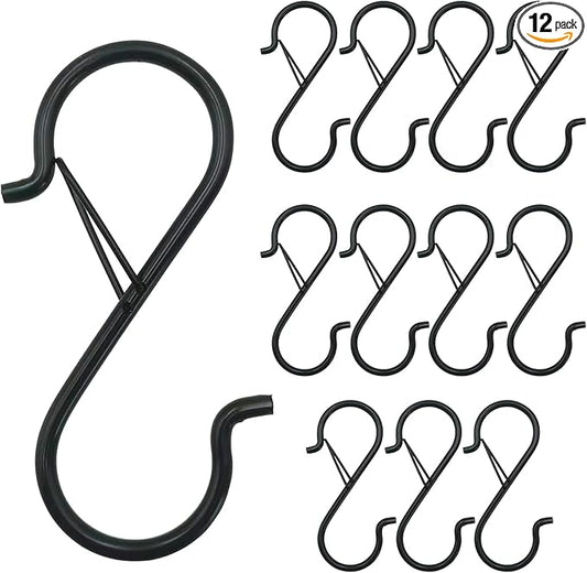 12PCS S Hooks for Hanging,3.5 Inch Heavy Duty Closet Hooks with Safety Buckle,Closet Hooks Hanging for Plants,Clothes,Kitchen Utensil,String Lights,Handbags,Belt, Hat, Cup, Tie (Black)