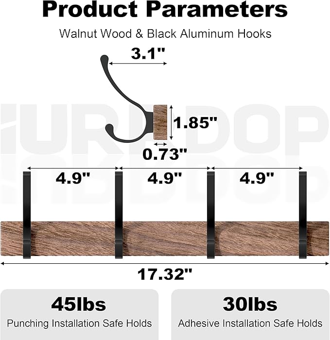 IURRDOP 17 Inch Black Walnut Wood Wall Mounted Coat Rack with 4 Black Double Hooks, Adhesive Mounted Entryway Hooks, Modern Natural Wooden Pegs for Hanging Coat Clothes Hat Bag Purse Key and Towel