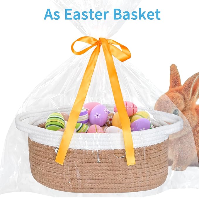 ABenkle Small Basket with Gift Bags and Ribbons, Empty Gift Baskets for Mother's Day, Decorative Boho Rope Woven Nursery Storage Organizer Toy Baskets with Handle for Baby Showers, 12"X 8" X 5"