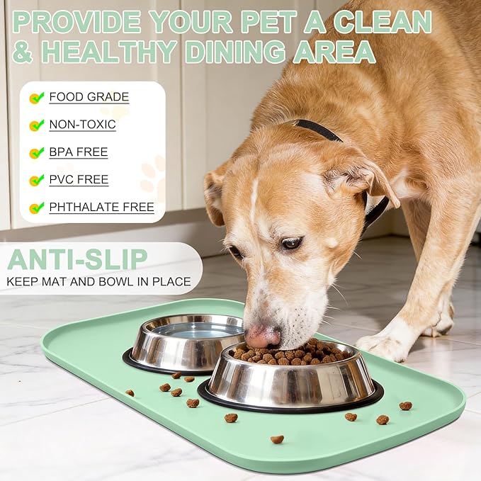 Silicone Pet Food Mat with Raised Edge for Food and Water Bowl, Dog Feeding Mats, Cat Food Trays for Floor Waterproof, Rubber Tray for Dogs and Cats, 22 x 14 x 0.8 Mint Green
