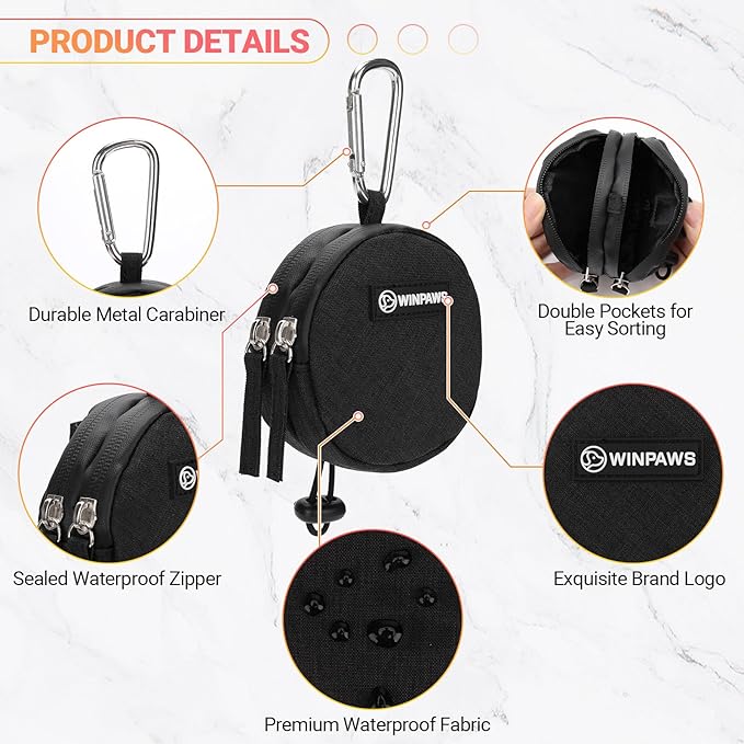 Dog Poop Bag Holder for Leashes- Dog Treat Pouch with Waterproof Zipper,Puppy Training Small Bag with Carabiner & Bungee Toggle,Two Pockets for Dry or Wet Treats-Pet Travel Walking Essentials (Black)