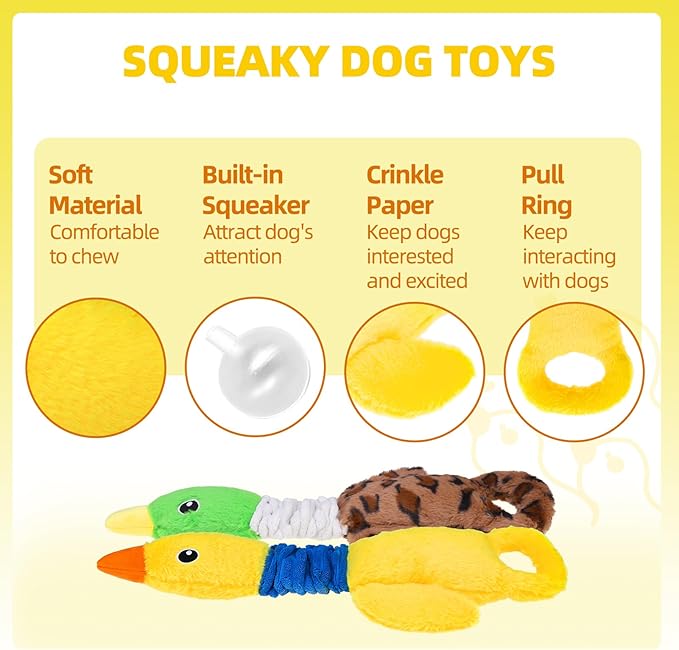Mihachi Squeaky Dog Toys 2 Pack, Plush Stuffed Puppy Toys with Crinkle Paper-Tug of War Dog Toys for Small, Medium and Large Dogs Duck Interactive Squeaky Pet Toys to Keep Them Busy, Wild+Yellow Duck