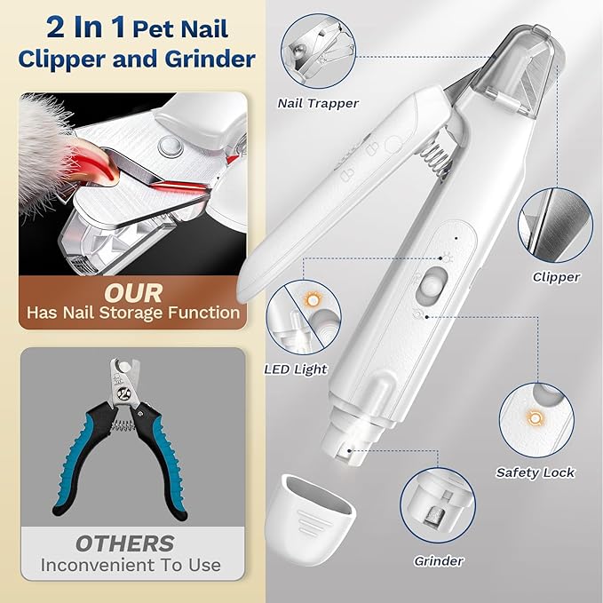 2-in-1 Dog Nail Clippers & Cat Nail Clippers Trimmers for Large Medium Small Dogs Cats Claw Trimmer Quick Sensor and Safety Guard USB Rechargeable with 2 LED Lights Dogs Nail Trimmer (White)