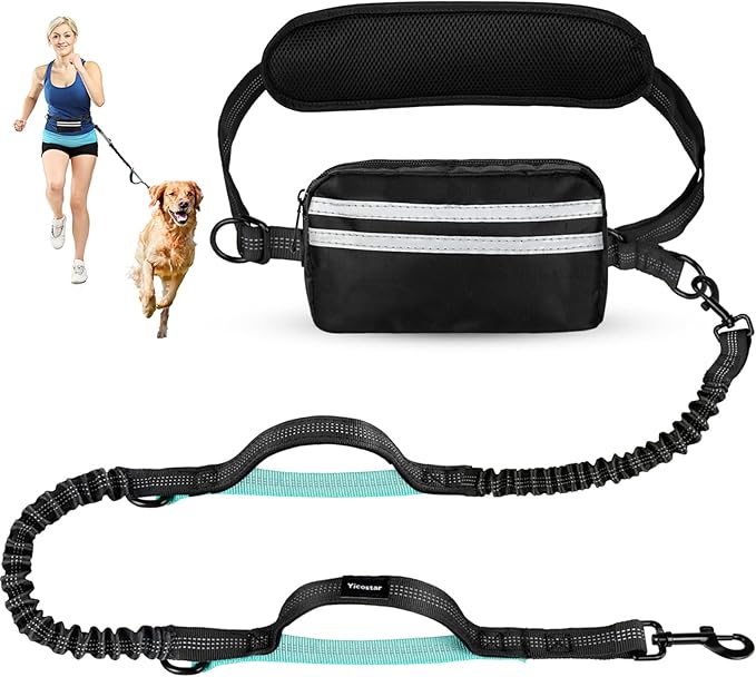 Hands Free Dog Leash with Pouch, Adjustable Waist Belt with Double Padded Handles, Waist Leash for Dog Walking Accessories, Olive