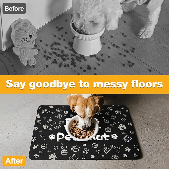 Pet Feeding Mat,Dog Cat Mat for Food and Water,Dog Bowl Waterproof Placemat with Rubber Backing,Absorbent Quick Dry Water Dispenser Mat for Pet（Black 16"×24"）