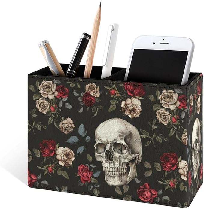 Famame Skull Red White Roses Pencil Holder for Desk, Leather Desktop Container Pen Cup Storage Study Table Pen Organizer Makeup Brush Holder for Classroom Office Home