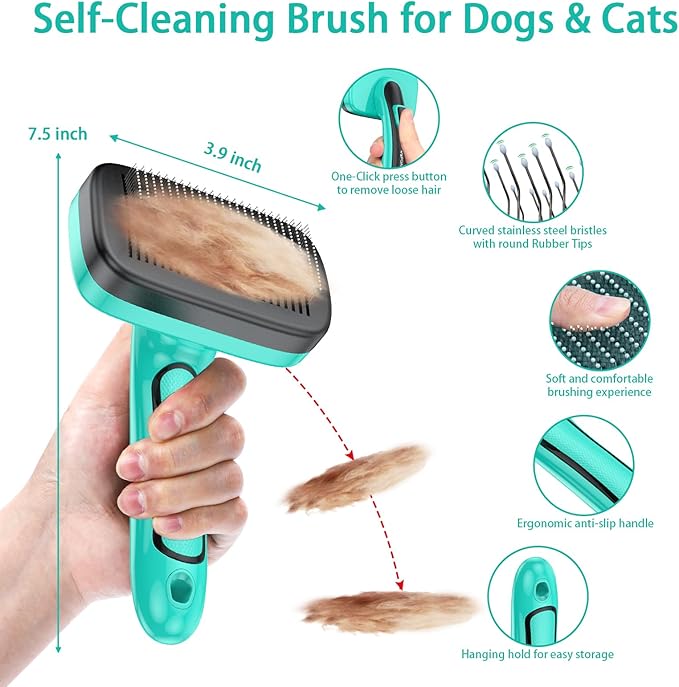 5 PCS Self Cleaning Slicker Brush & Pet Grooming Rake & Bath Brush & Nail Clippers & Pet Comb for Dogs and Cats,Professional Deshedding Dematting Tool for Long and Short Haired Pets