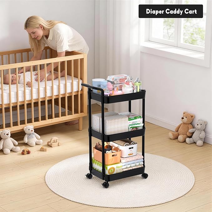 Volnamal Diaper Caddy - Plastic Diaper Organizer for Nursery Essentials, Baby Organizers and Storage, Movable Cart for Changing Table & Crib, Baby Registry Search, Black