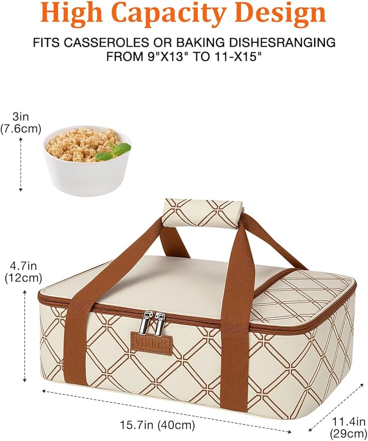 Vuudh Casserole Carrier Bag, Single Insulated Food Bag, Hot Cold Lasagna Holder Tote for Picnic, Potluck or Travel, Lightweight Picnic Bag