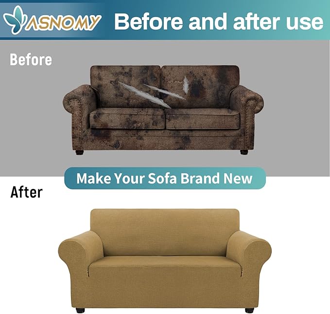 Asnomy Sofa Covers for 2 Cushion Couch Stretch loveseat Covers Slipcovers, Pet Protector Furniture Covers for Dogs Cats Spandex Jacquard Fabric Small Checks （Medium，Light Brown）