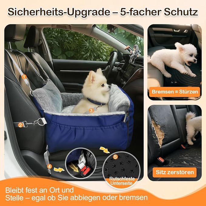Dog Car Seat for Small Dogs with Extension Zone, Portable Washable Travel Bed for Pets up to 30 lbs, Booster Seat for Front Seat & Camping, Includes Harness Clip – Blue