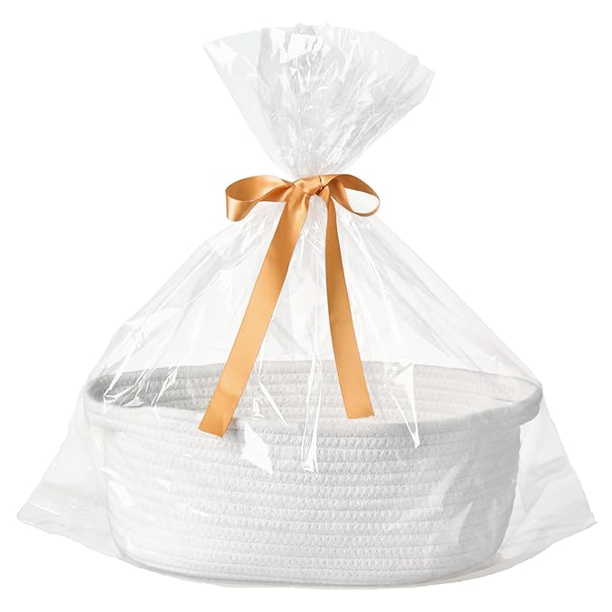 Small Woven Gift Basket Empty with Bag & Ribbon - Gifts for Mom, Baby Shower, Birthdays & Raffle - Cotton Rope Storage Basket for Dog Toys or Shelf - 12"x8"x5", White