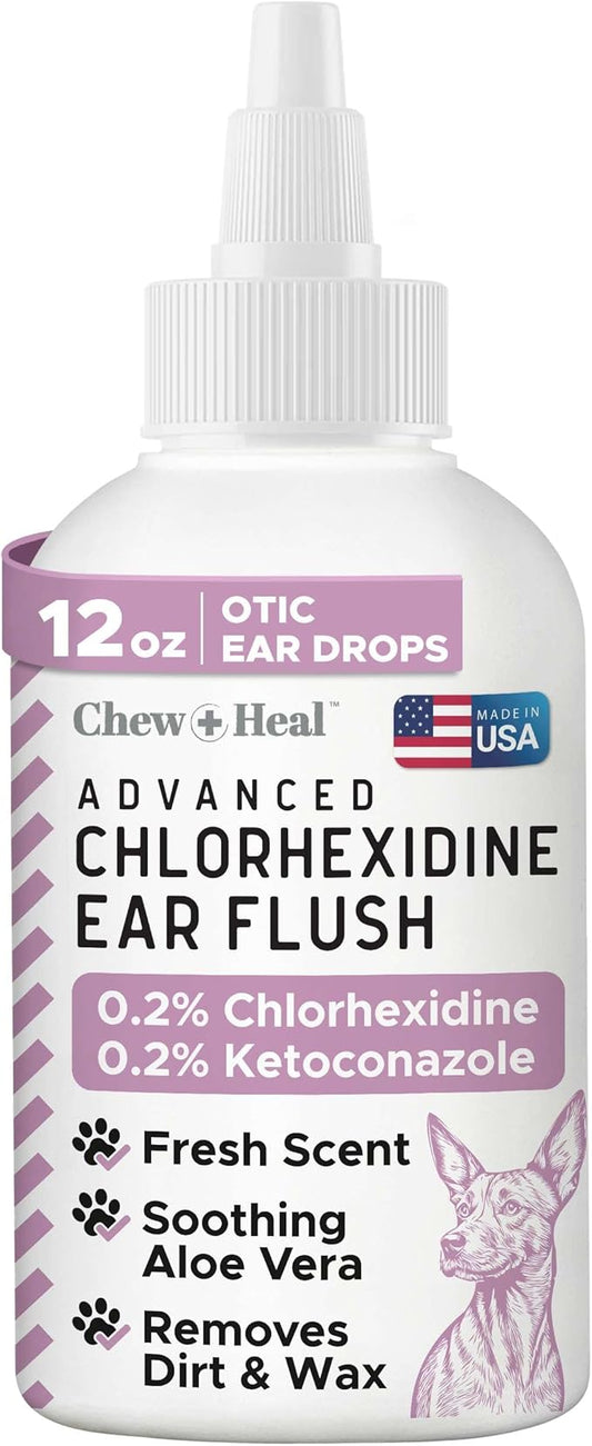 Chew + Heal Labs Dog Ear Cleaner - OTIC Medicated Dog Ear Buildup Drops for Dirt and Wax - 12 oz Advanced Flush with Chlorohexidine and Ketoconazole - Made in The USA