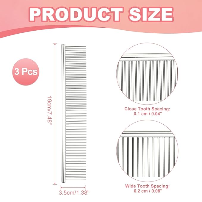PETAXCELL Dog Cat Comb, Pet Combs Stainless Steel Teeth with Rounded Ends for Knots Mats Loose Hair Removal, 7.5IN (Silver, 3 Pack), Grooming Tool Intended for Long Curly Hair Pet