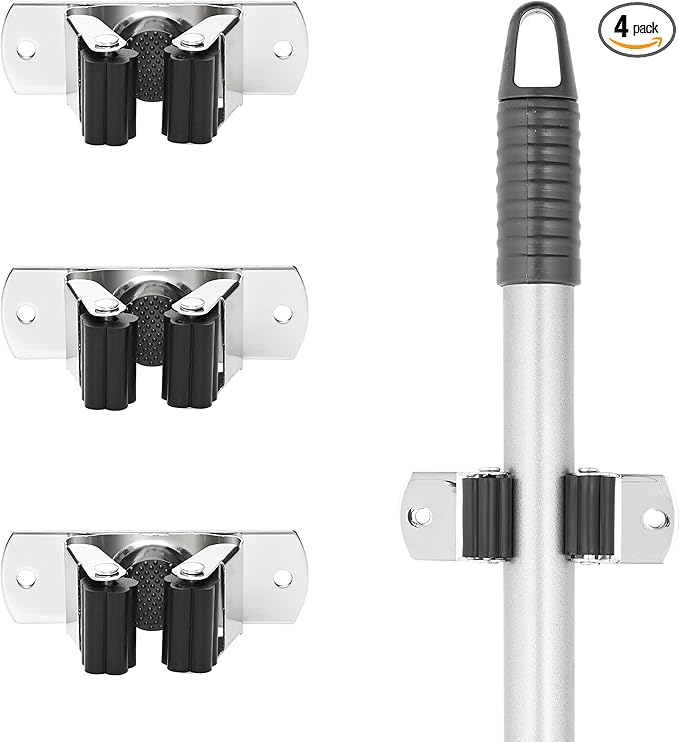 Superio Mop and Broom Holder, Set of 4 Single Piece Hooks, Stainless Steel Wall Mount Cleaning Storage Tool Organizer, Heavy-Duty Hook for Kitchen, Closet Garage, and Office