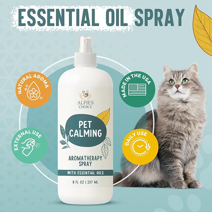 ALFIE'S CHOICE Pet Calming Aromatherapy Spray – Cat Calming Spray for Indoor Use & Travel – Dog Relaxation Mist with Essential Oils – Natural Scent for Grooming, Loud Noises – 8 fl oz