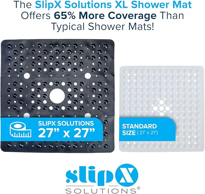 SlipX Solutions 27" Oversize Square Shower Mat, Non-Slip Mat for Elderly & Kids, 100+ Power Grip Suction Cups for Smooth Surfaces, Machine Washable, Black