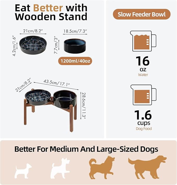 Ceramic 1.6 Cup Raised Slow Feeder Dog Bowl Set, Elevated 7.3inch Bowl and 8.2inch Slow Feeder Dish with Acacia Wood Stand for Medium and Large Dogs (2 x Starry Sky+ Stand)