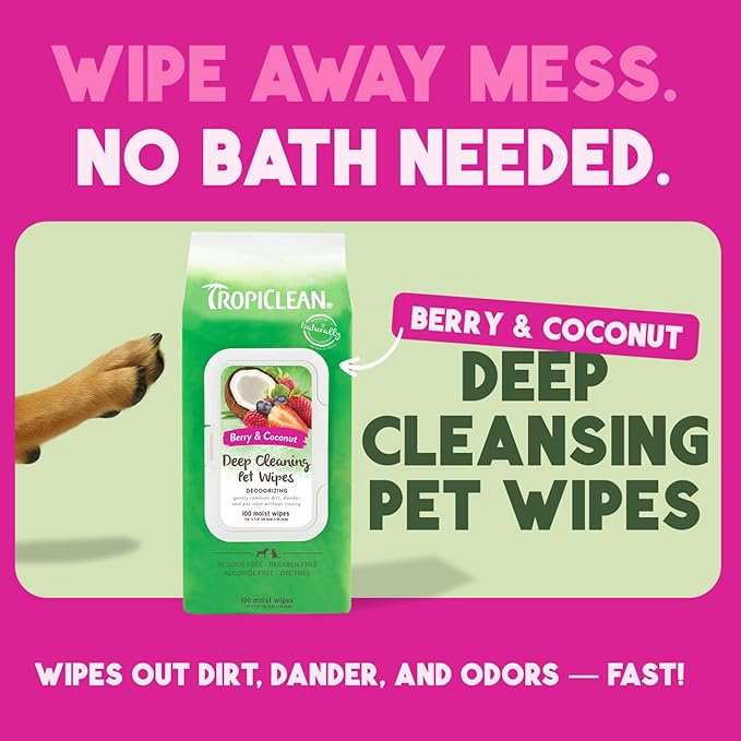TropiClean Deep Cleaning Pet Wipes, 100ct - Wipes for Dogs & Cats - Gently Removes Dirt, Dander & Smells - for Pet Paws, Face, Body & Bottom - Sweet Berry & Coconut Scent
