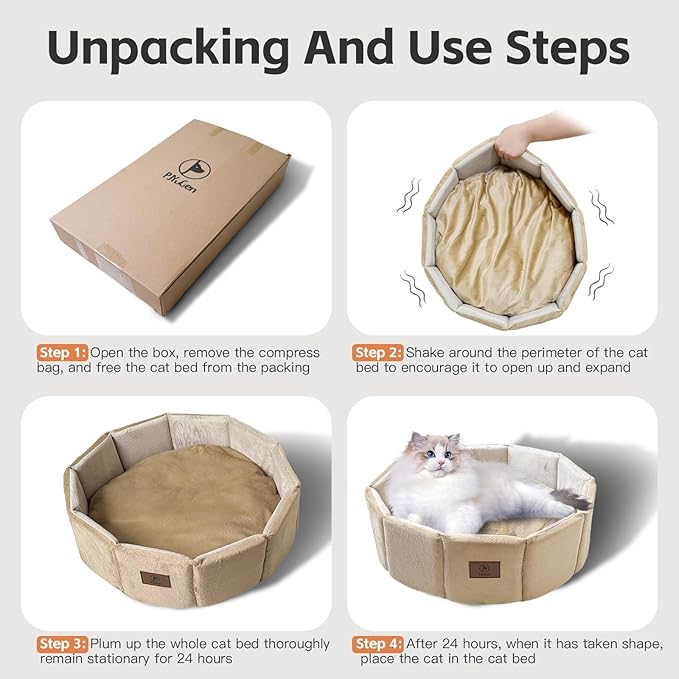 PJYuCien Cat Bed Kitten Bed, Washable Round Cat Beds for Indoor Cats, Super Soft Faux Rabbit Fur Small Bed for Puppy and Kitten, Fluffy Inner Mat Filling Memory Foam with Anti-Slip Bottom (Khaki)