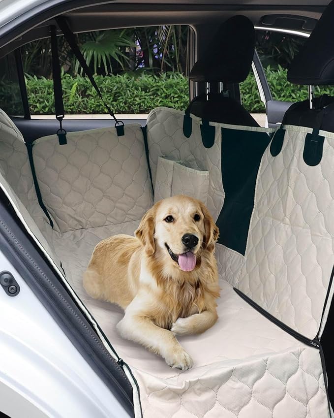PETICON Dog Car Seat Cover with Mesh Window, 100% Waterproof Pet Seat Cover for Back Seat, Scratchproof Dog Hammock for Cars, Trucks, SUVs, Jeeps, Beige