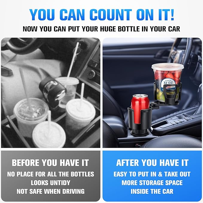Car Cup Holder Expander, Universal 2 in 1 Large Cupholder Expander Adapter for Car with Adjustable Base, Fits Large Bottles, Snack, Drinks Cups, Black
