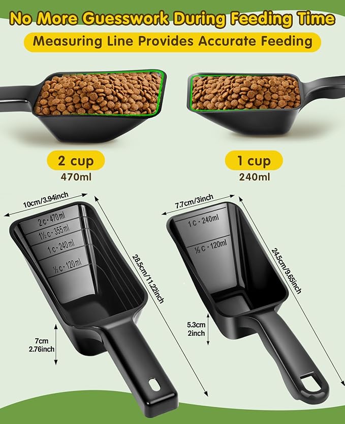 GNEOCO 2 Pack Dog Food Scoop with 1 Cup and 2 Cup Capacity, Plastic Pet Food Measuring Scoops with Clear Measurement Lines for Dogs, Cats & More,Dishwasher safe (Black)