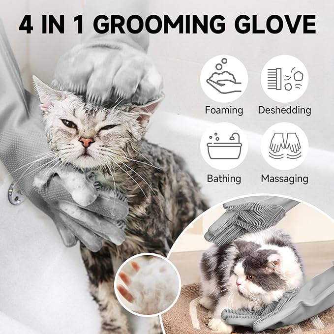 KUEIOX Dog Washing Gloves - Quick Drying Dog Towel,Cat Bath Grooming Gloves Brush with High-Density Teeth for Bathing Massaging，Absorbent Pet Bath Towel 30.3"x13.8" with Hand Pocket for Dog Cat Grey