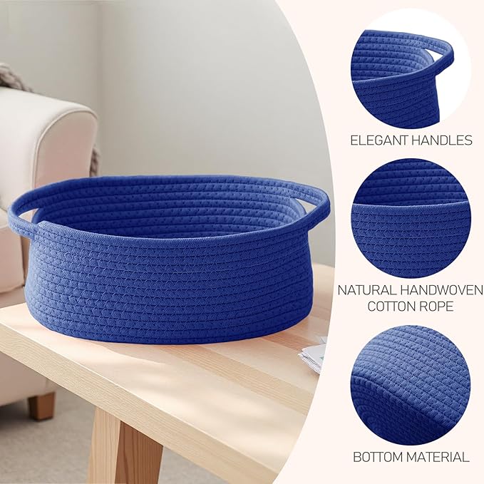 JMvicyroam Woven Basket,Small Rope Storage Bin with Handles & Ribbon Bag, Organizer for Shelves Closets,Gift Basket Empty for Birthday,Books,Dog Toys, Navy Blue