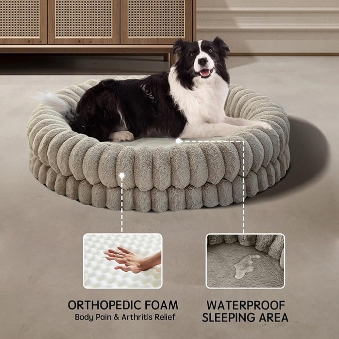 BALANCE Luxury Donut Dog Bed, 36 Inches Round Dog Beds Large Sized Dogs Washable, Orthopedic Calming Dogs Bed for Pets with Anti-Slip Bottom, Oatmeal