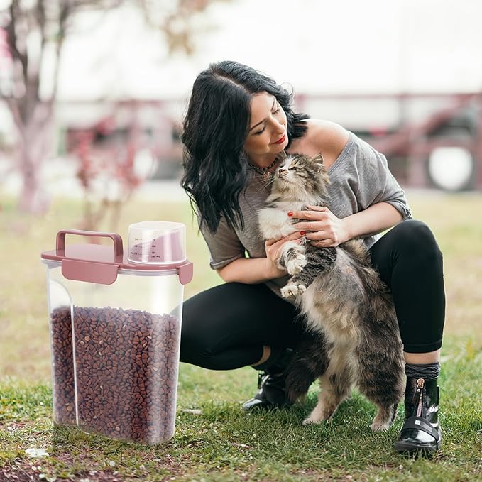 LEAWALK 5-7Lbs Cat Dog Storage Container, Portable Pet Food Containers with Upgraded Large Spout and Cup, Small Animal Kibble Dispenser for Bird Seed, Oatmeal, Rice, Flour (1, Pink, 5L)