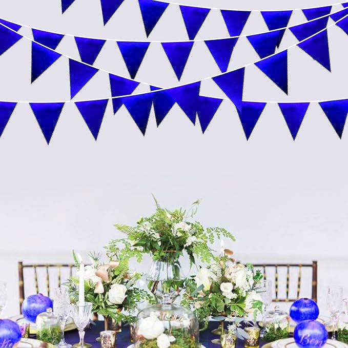 Royal Blue Triangle Pennant Banner Flag - Dark Blue Metallic Fabric Bunting Garland for Graduation, Wedding, Retirement, Bridal Shower, Birthday, Nautical Parties