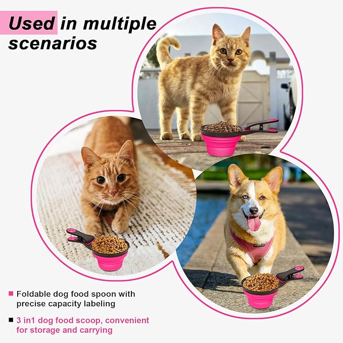 PNEUICALLY Collapsible Silicone Dog Food Scoop Foldable Pet Food Measuring Cup with Bag Clip 3 in 1 Multi-Function Silicone Dog Food Scooper (Rose Red, Medium)