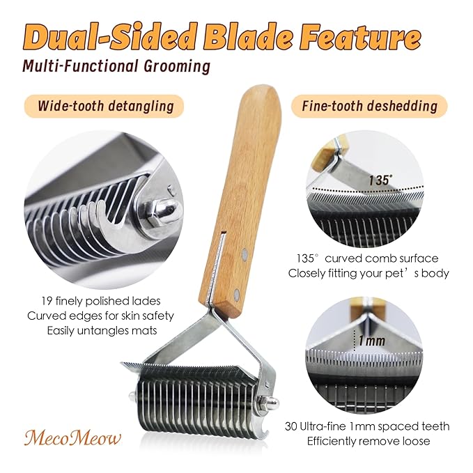 MecoMeow 3 in 1 Undercoat Rake for Cats- Professional Pet Dematting & Deshedding, Efficiently Remove Loose Hair & Matted Fur, Professional Shedding Comb for Indoor & Long Haired Cats Dogs
