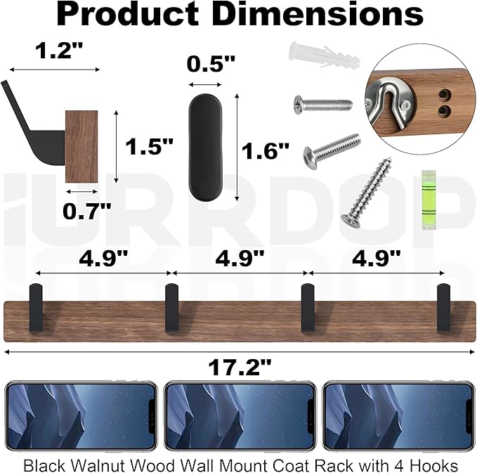IURRDOP 17 Inch Walnut Wood Wall Mounted Coat Rack with 4 Black Hooks, Adhesive Mounted Entryway Hooks, Modern Natural Wooden Pegs for Hanging Coat Clothes Hat Bag Purse Key and Towel
