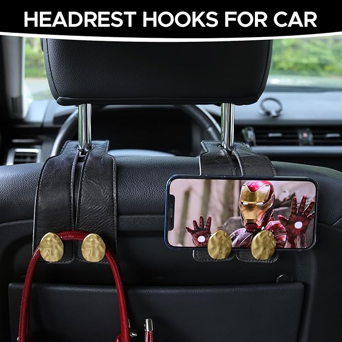 4 PCS Leather Car Seat Hooks for Headrest, Vehicle Hanger Storage Organizer Universal for Handbag Purse, Car Accessories Gift (Black-Gold-4 PCS)