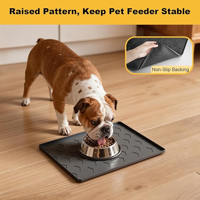 Pieviev Dog Cat Food Bowl Mat, Silicone Waterproof Food Grade Pet Food Mat for Floor, High Raised Edge to Prevent Spills, Non-Slip & Easy Clean Pet Placemat for Dog & Cat Bowls, 16''x12'', Dark Gray