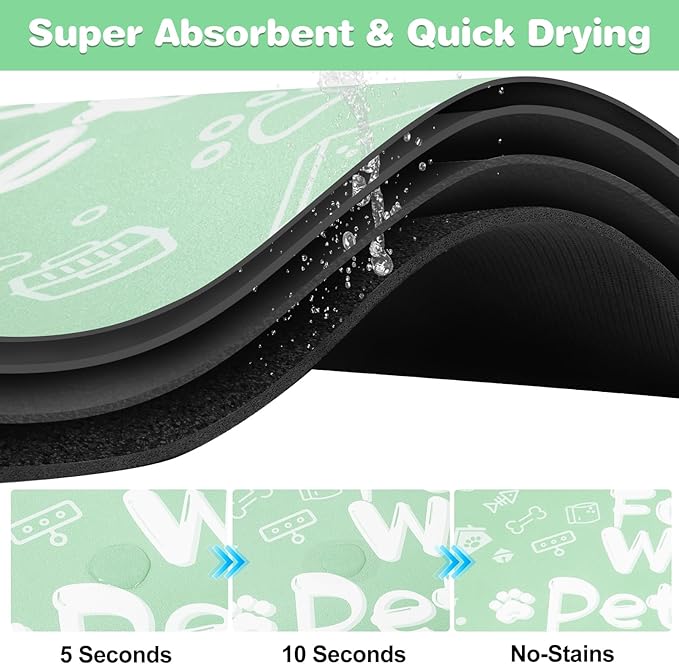 Pet Feeding Mat,Dog Cat Mat for Food and Water,Dog Bowl Waterproof Placemat with Rubber Backing,Absorbent Quick Dry Water Dispenser Mat for Pet（Green 16"×24"）