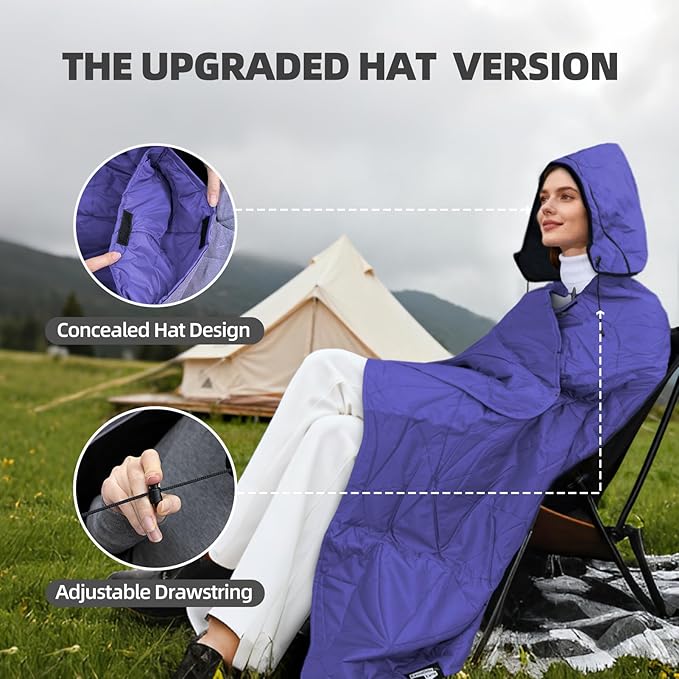KawaGebo Kamp Outdoor Waterproof Blanket, Foldable Fleece Stadium Blanket for Outdoor Sports Event, Camping, Car, Pet, Picnics - Windproof, Wearable, Machine Washable 80" x 58" (Purple,Hooded)