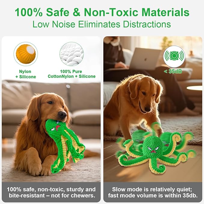 Qraxond Interactive Dog Toys Octopus,Durable Automatic Jumping Dog Toy to Keep Them Busy,Squeaky Moving Tug of War Doggie Toy,USB Rechargeable,Not for Aggressive Chewers (Green)