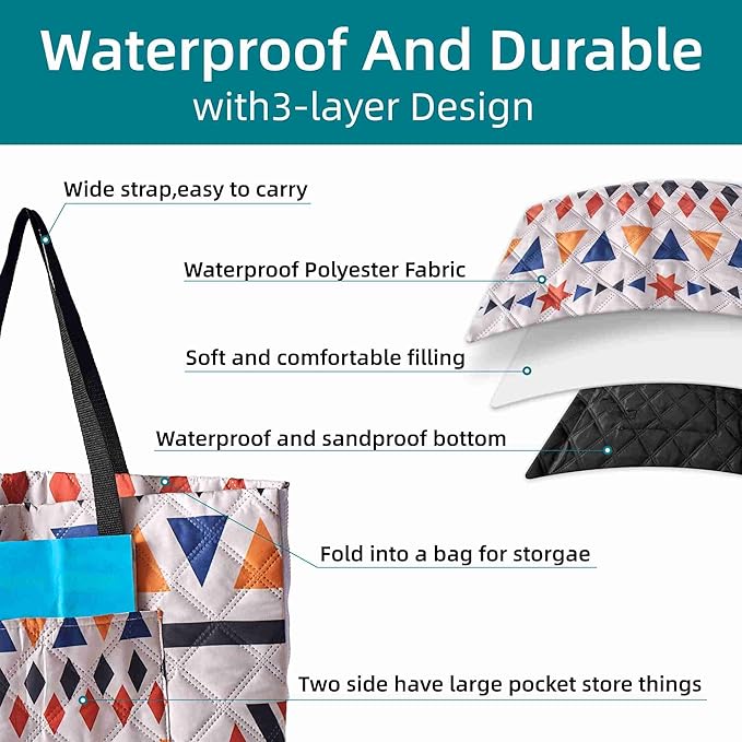 Outdoor Packable Picnic Blanket with Zipper Folds into Tote Bag with Large Storage and Shoulder Strap, Waterproof Sandproof for Lawn Beach Hiking Camping (colorful1, Small)
