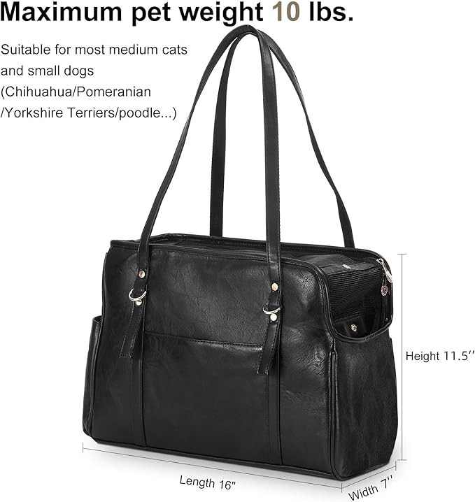 Lasaviin Dog Carrier Purse, Fashion Leather Pet Carrier with Pockets, Airline Approved Soft Sided Dog Carrying Bag for Puppy Cat Dog Black
