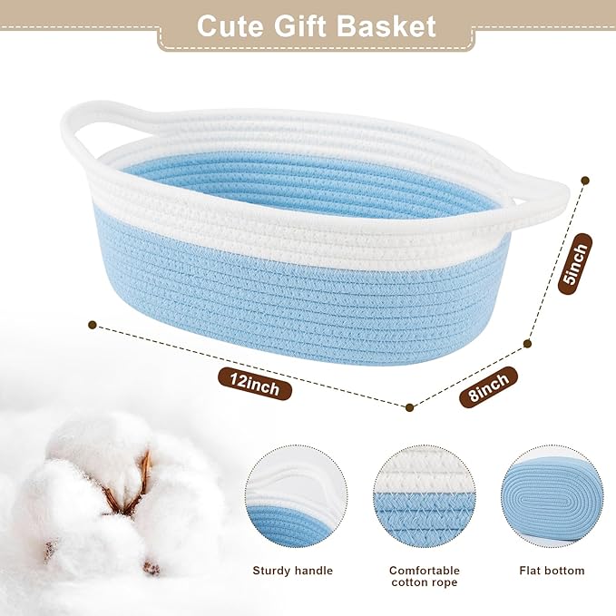 OIAHOMY Gift Basket Empty with Handle, 12"x 8"x 5" Small Woven Basket with Gift Bag, Ribbon and Wrap Tissue Paper, Dog Toy Storage for Organizing - Sky Blue & White