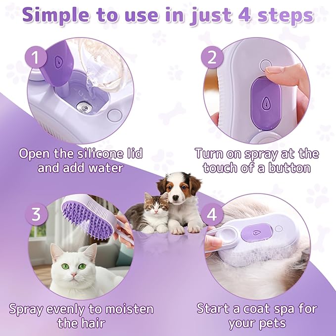 Cats Steam Brush for Cats,4-in-1,Rechargeable Grooming Tool for Cats & Dogs, Anti-Static Design, Delivers Massage, Deep Cleansing, Shedding Control & Styling,Includes Pet Finger Toothbrush(Purple)