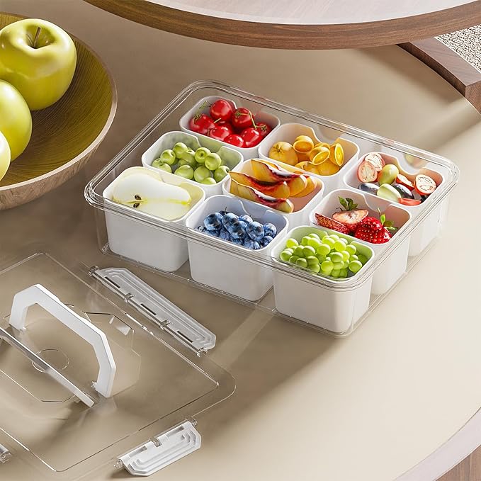 REBECAT Divided Serving Tray with Lid and Handles 9 Compartments Snack Box Container Charcuterie Organizer Snackle Box Container for Candy,Nuts，Fruits,Snacks,3 Pack,White