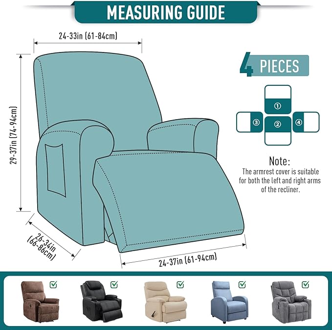 TAOCOCO Recliner Cover 4-Pieces, Recliner Stretch Sofa Slipcover, Recliner Cover 1 Seat, Couch Protector Soft, Furniture Protector Covers with Elastic,Chair Covers Jacquard Pattern (Peacock Blue)